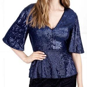 Rachel Zoe Sequin Flare Sleeve Peplum Party Cocktail Navy Blue V-Neck Top Sz 6